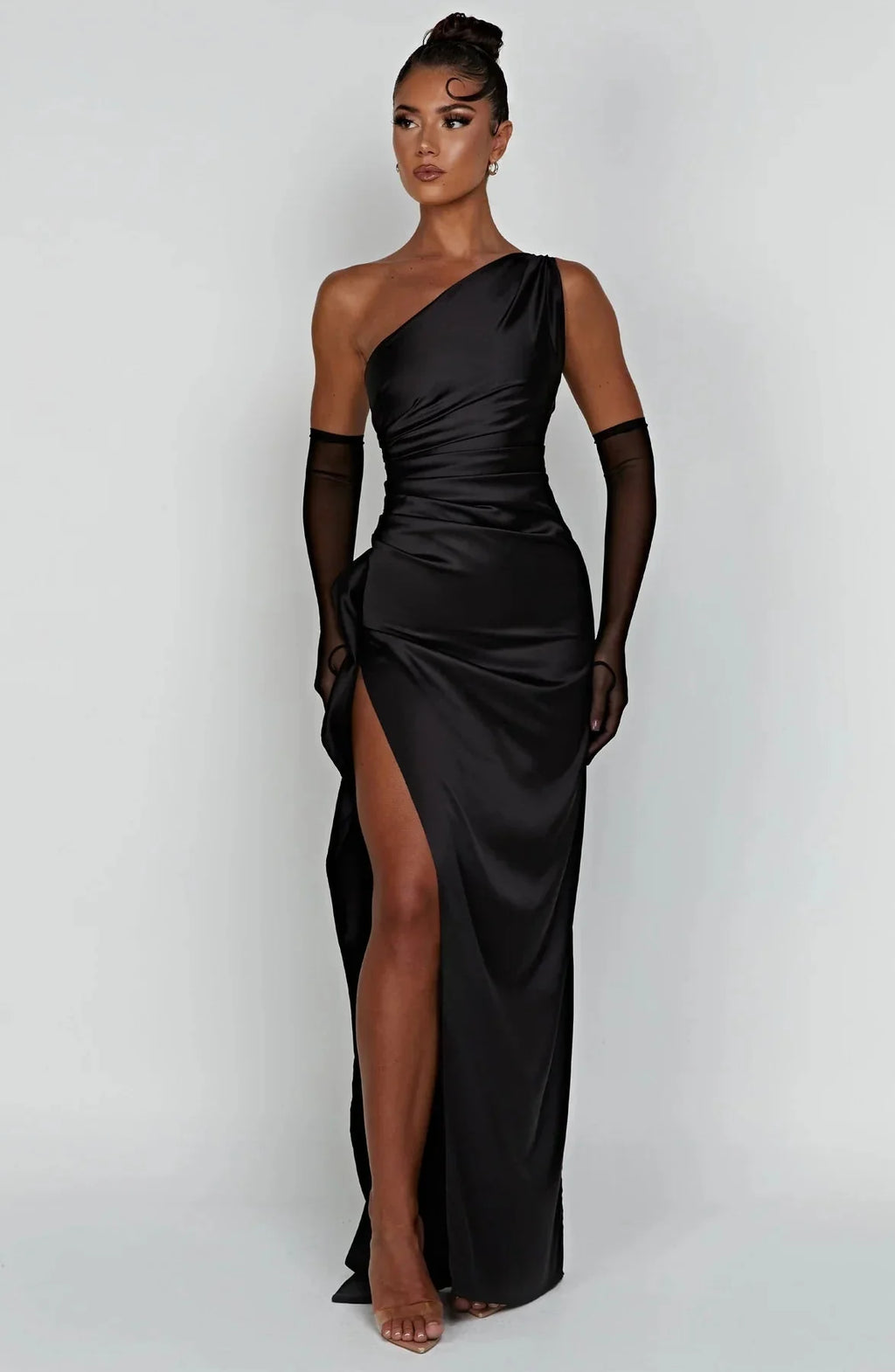 Womens One Shoulder Maxi Evening Dress Pleated Split
