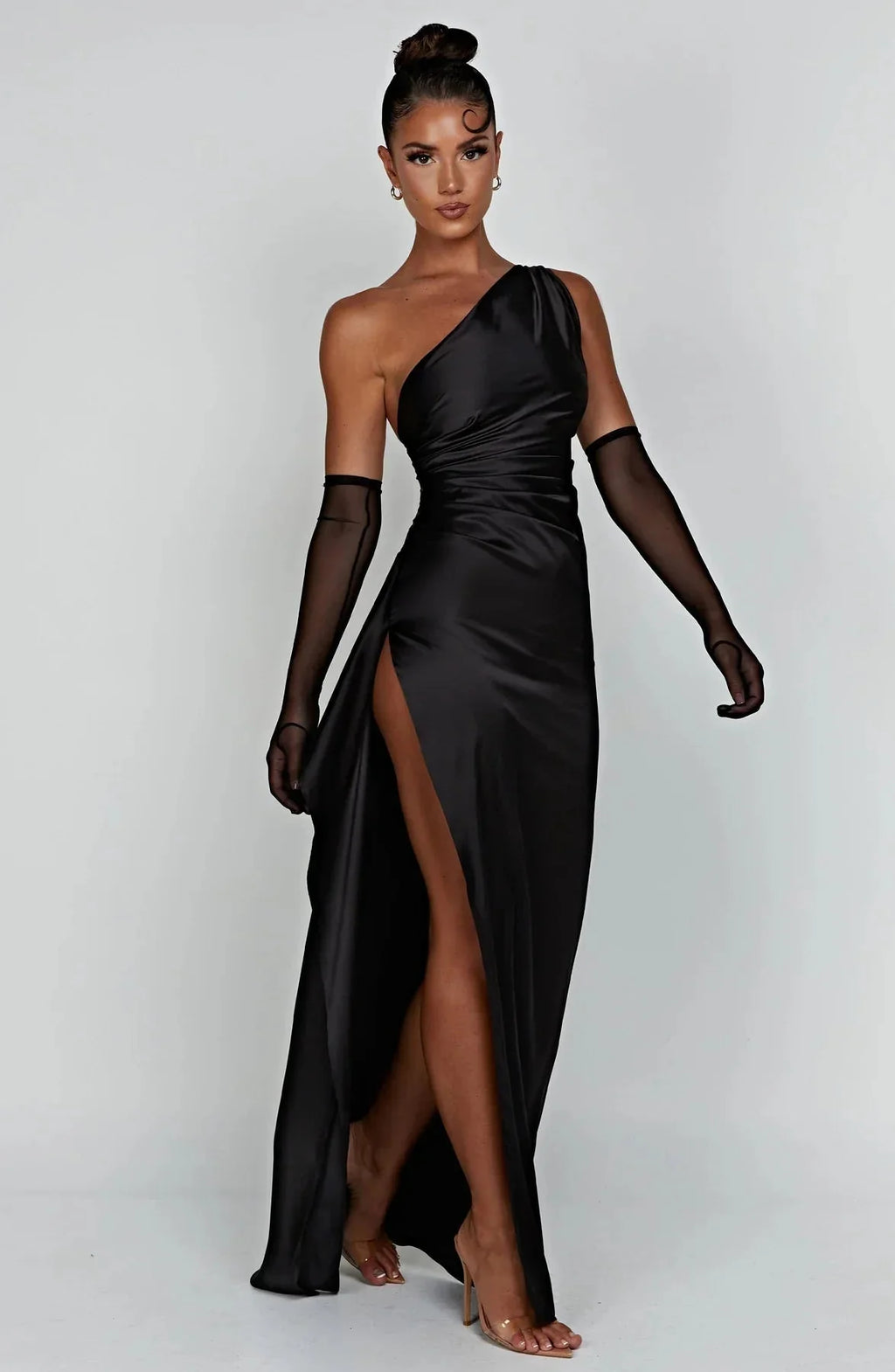 Womens One Shoulder Maxi Evening Dress Pleated Split