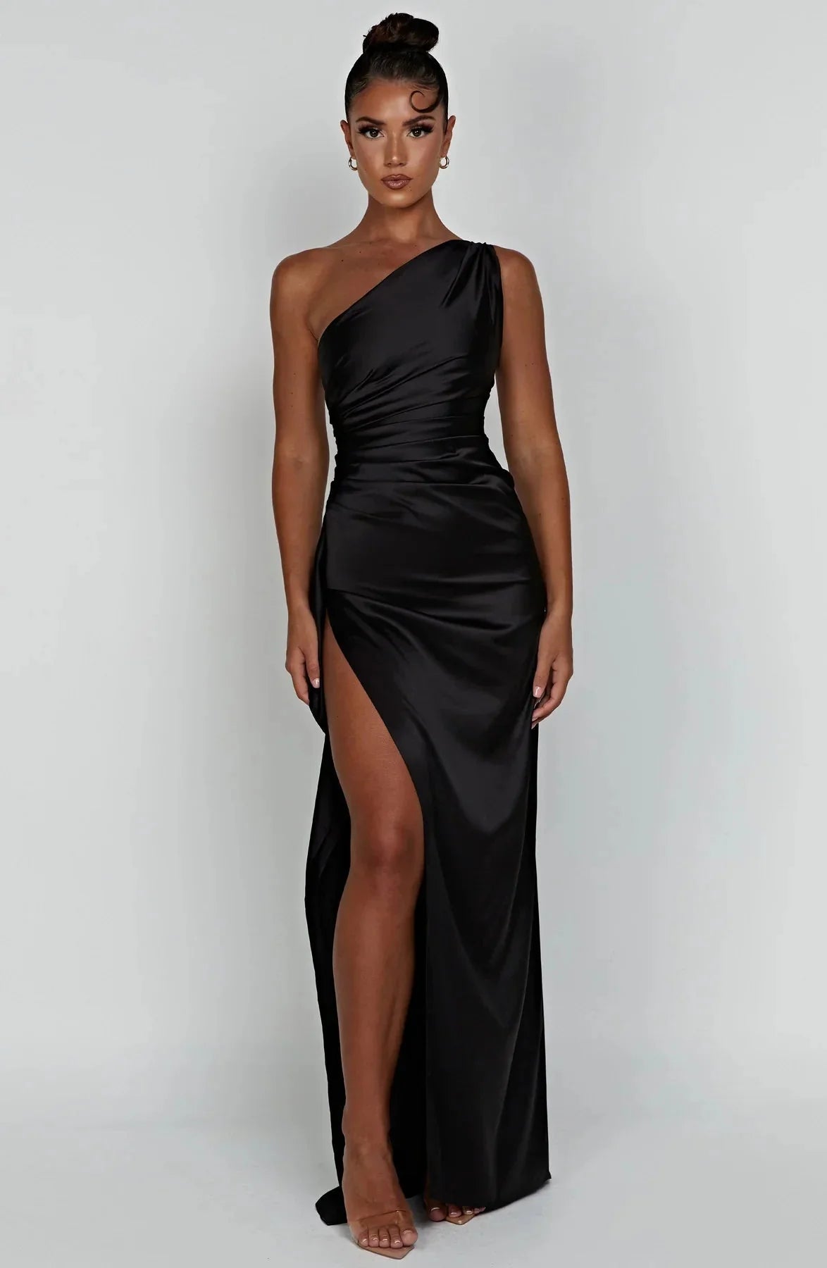 Womens One Shoulder Maxi Evening Dress Pleated Split