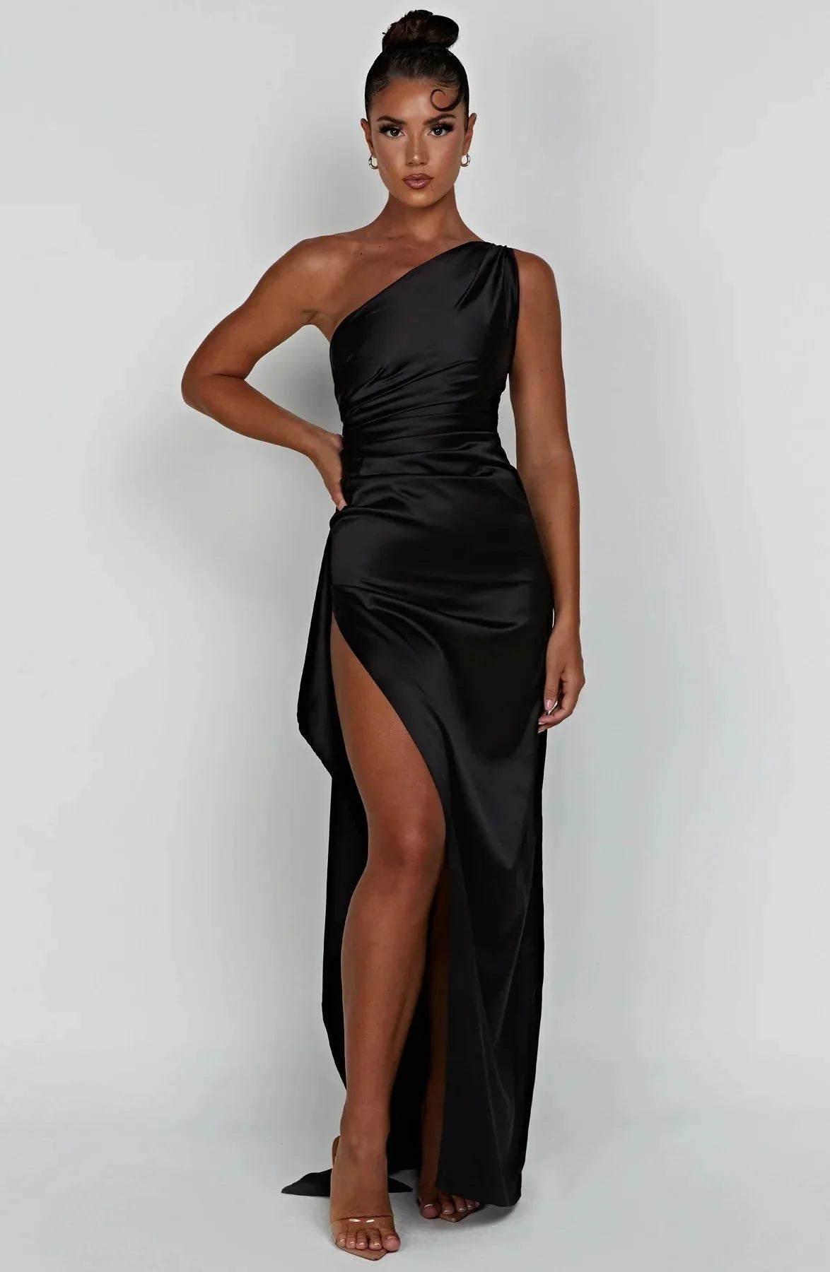 Womens One Shoulder Maxi Evening Dress Pleated Split