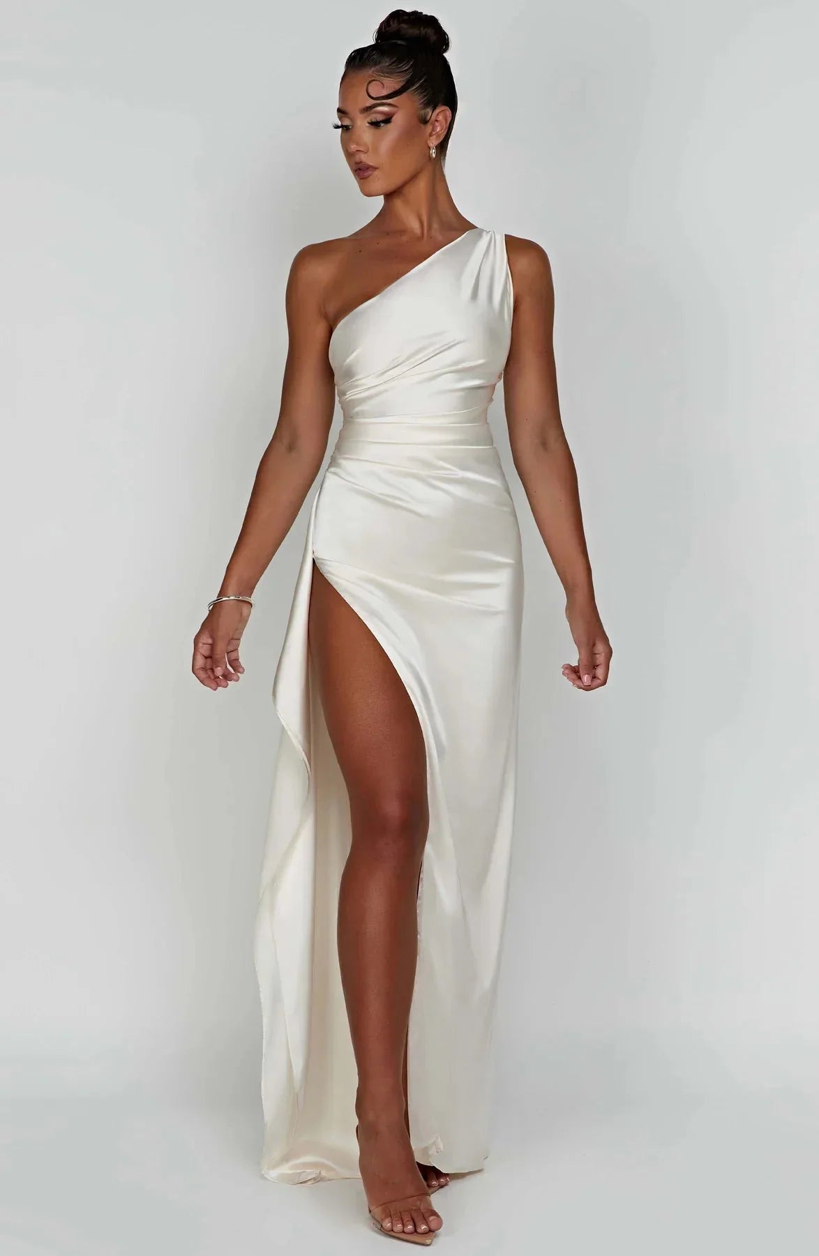 Womens One Shoulder Maxi Evening Dress Pleated Split