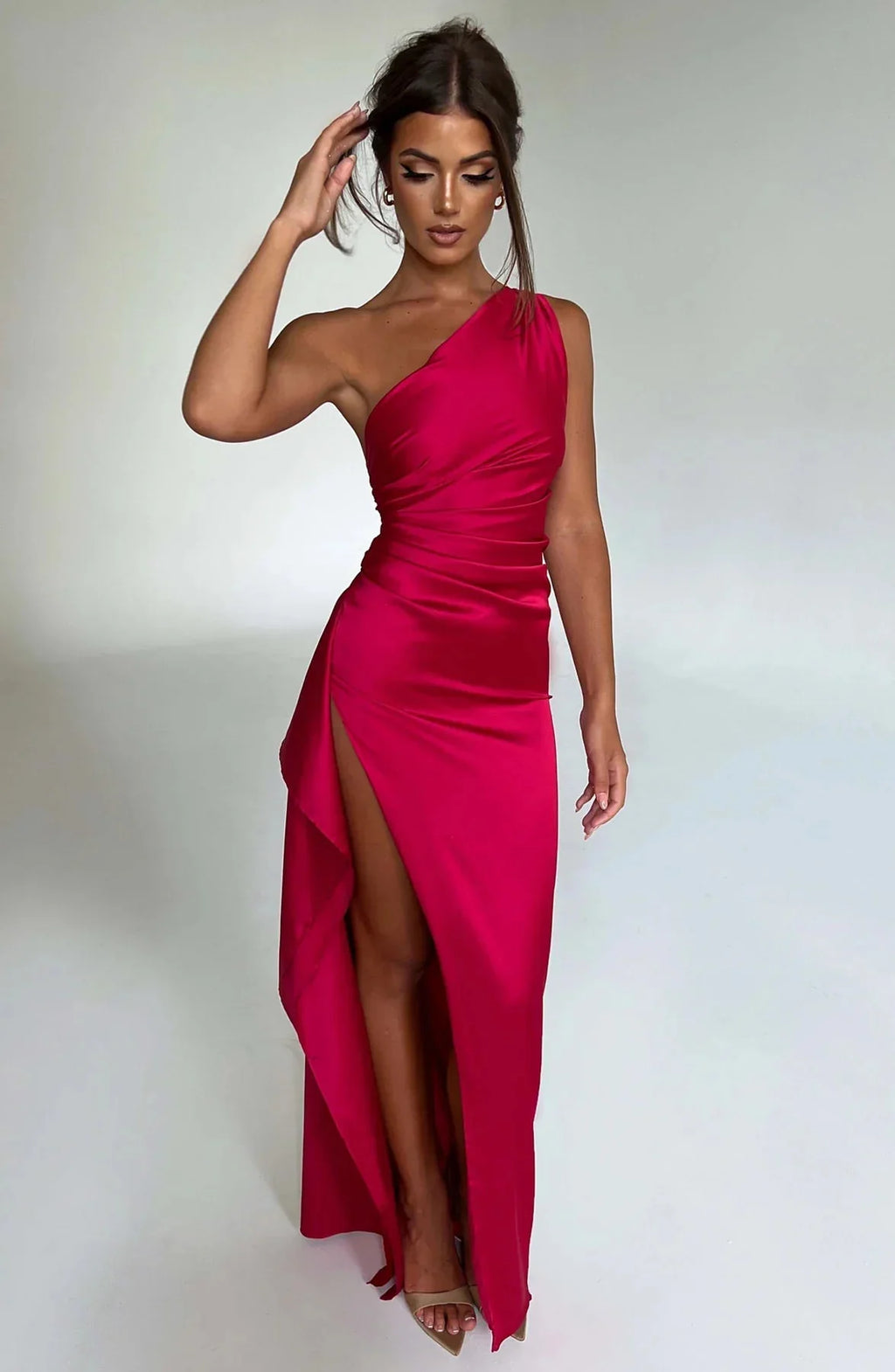 Womens One Shoulder Maxi Evening Dress Pleated Split