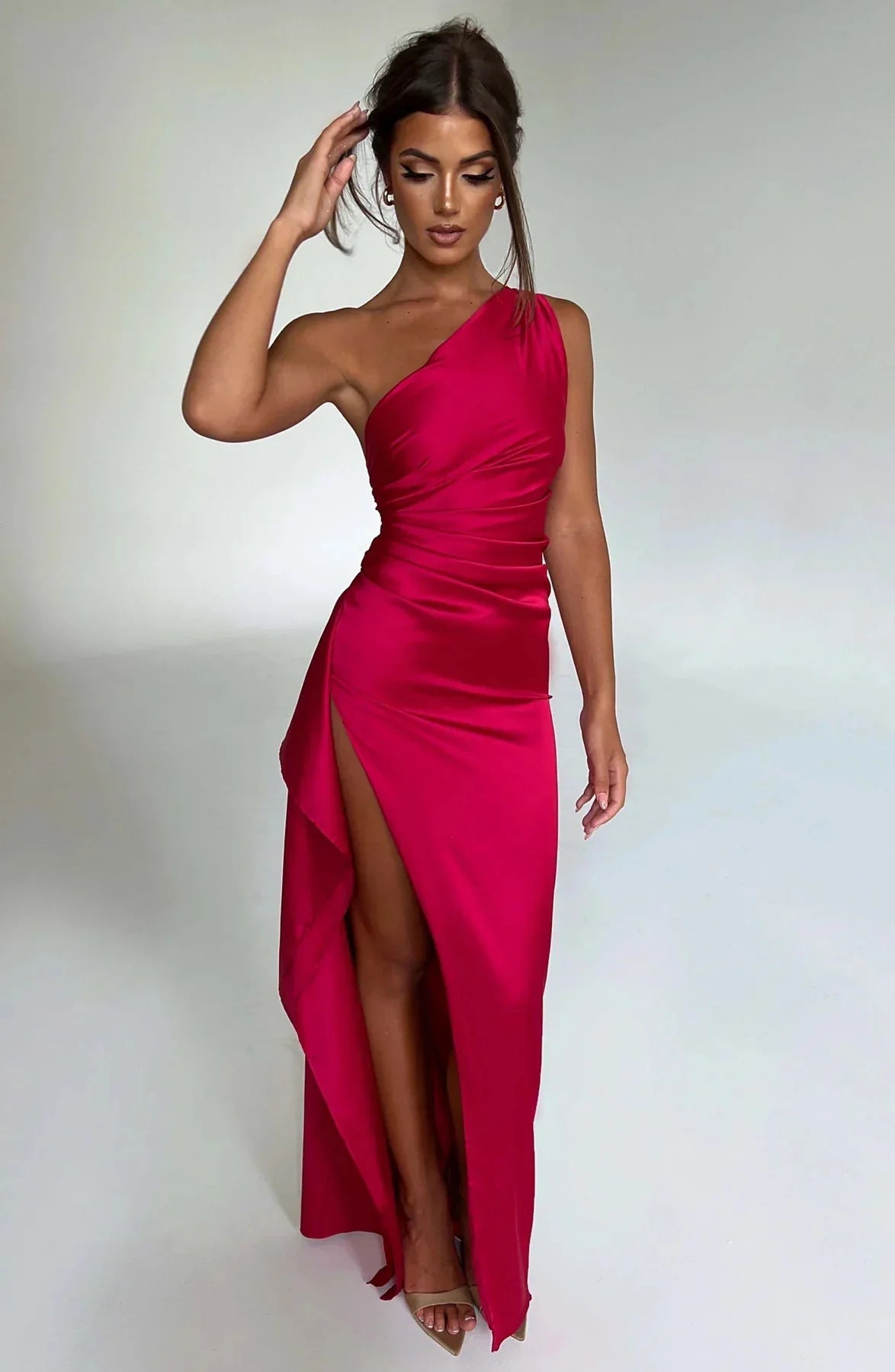 Womens One Shoulder Maxi Evening Dress Pleated Split