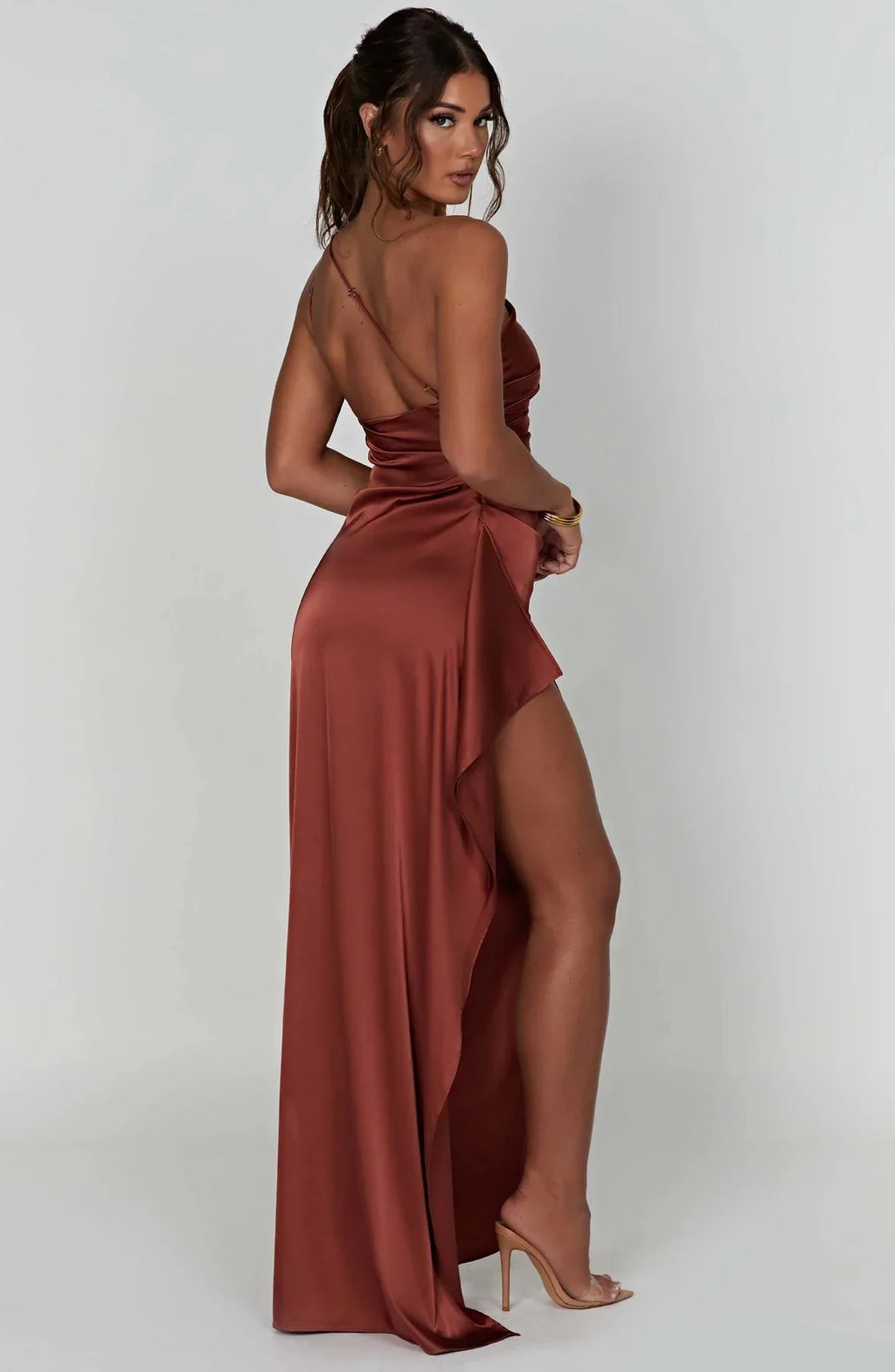 Womens One Shoulder Maxi Evening Dress Pleated Split