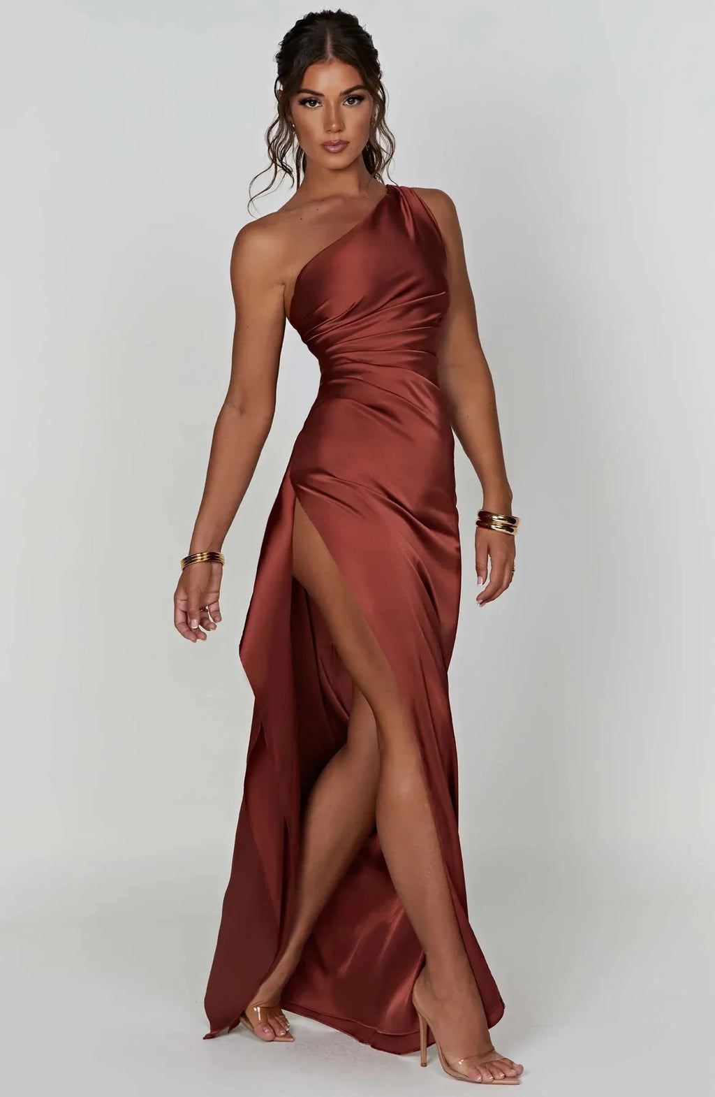 Womens One Shoulder Maxi Evening Dress Pleated Split
