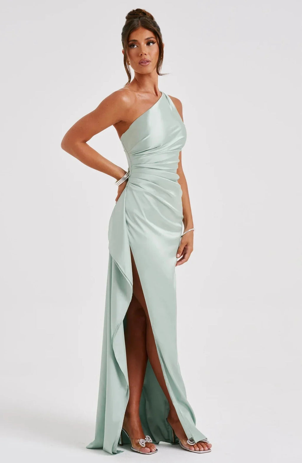 Womens One Shoulder Maxi Evening Dress Pleated Split