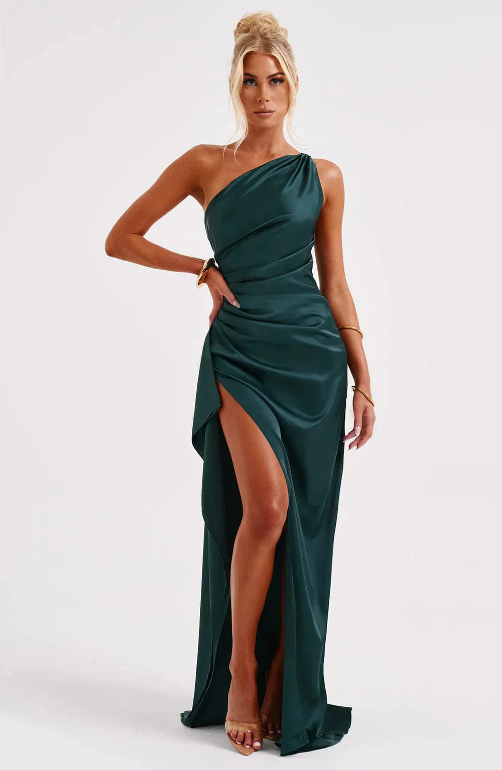 Womens One Shoulder Maxi Evening Dress Pleated Split