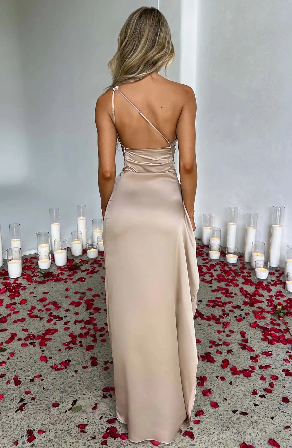 Womens One Shoulder Maxi Evening Dress Pleated Split