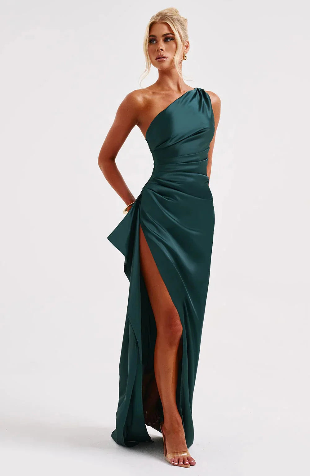 Womens One Shoulder Maxi Evening Dress Pleated Split