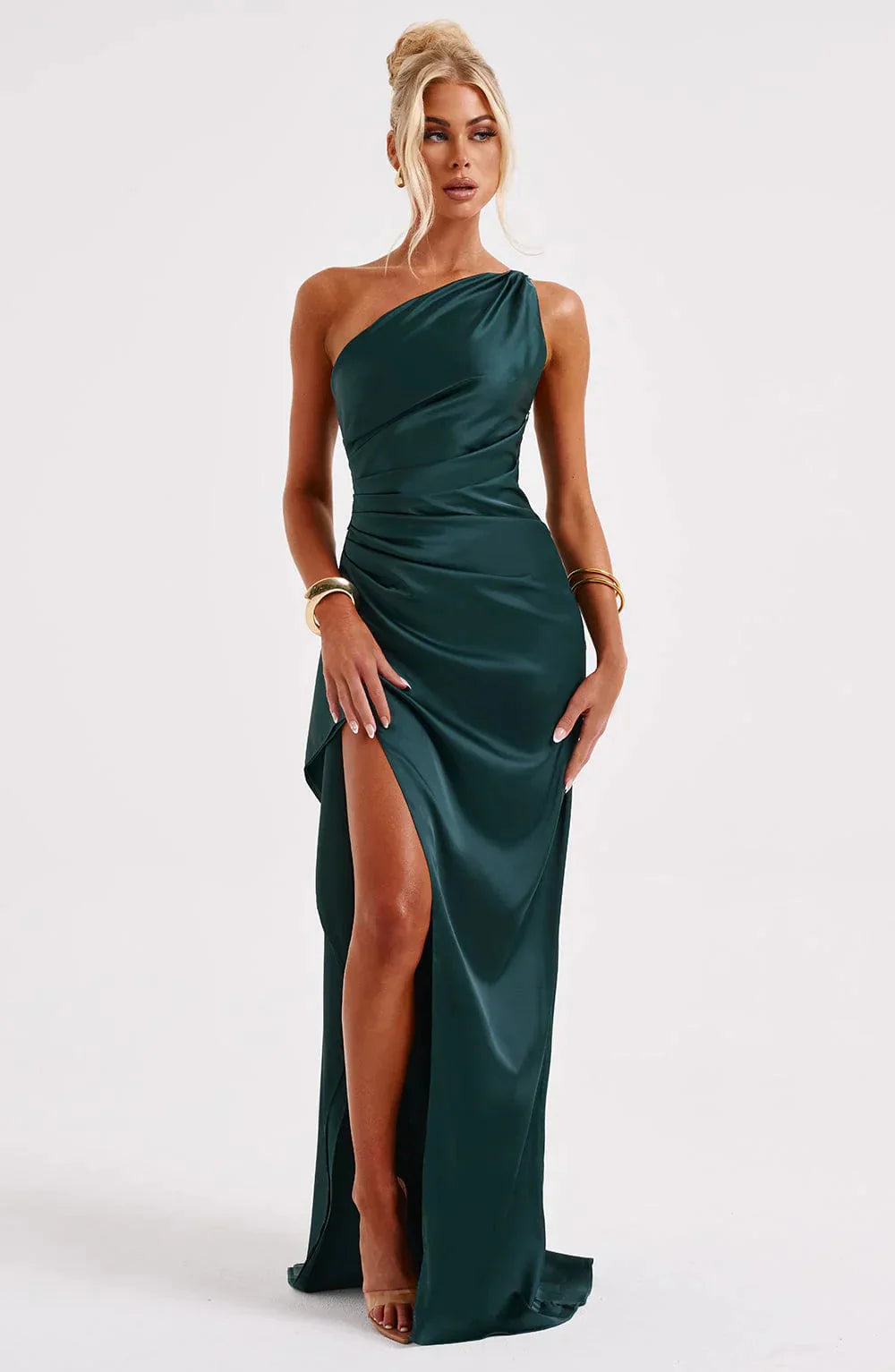 Womens One Shoulder Maxi Evening Dress Pleated Split