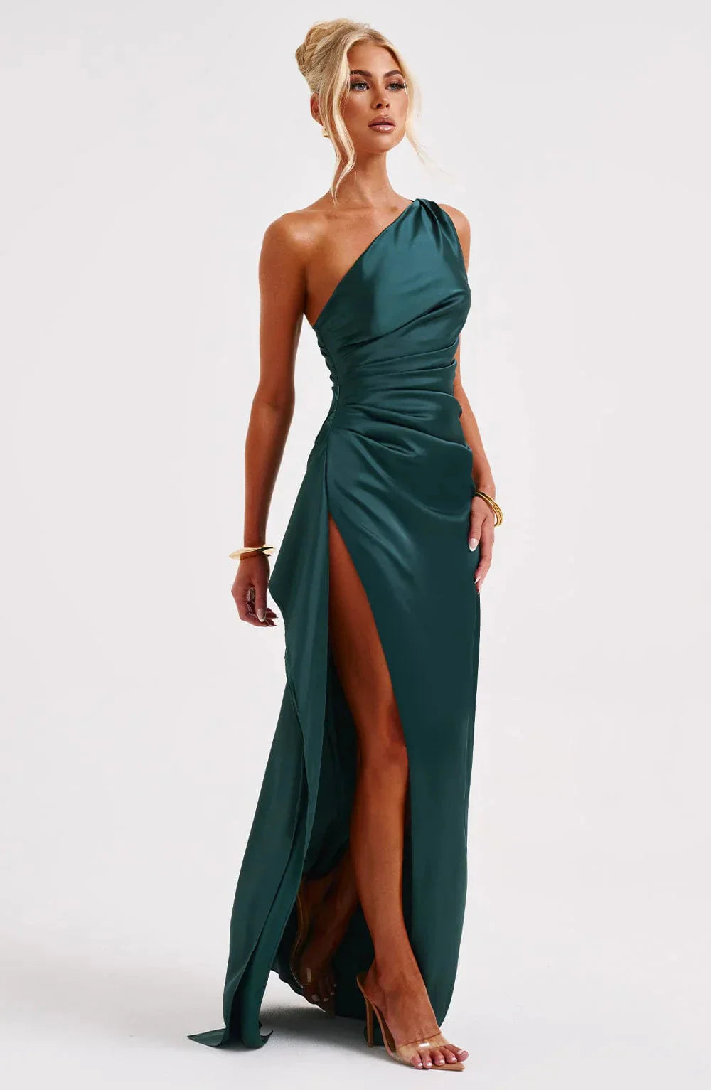Womens One Shoulder Maxi Evening Dress Pleated Split