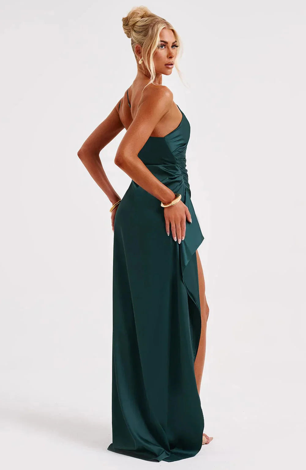 Womens One Shoulder Maxi Evening Dress Pleated Split