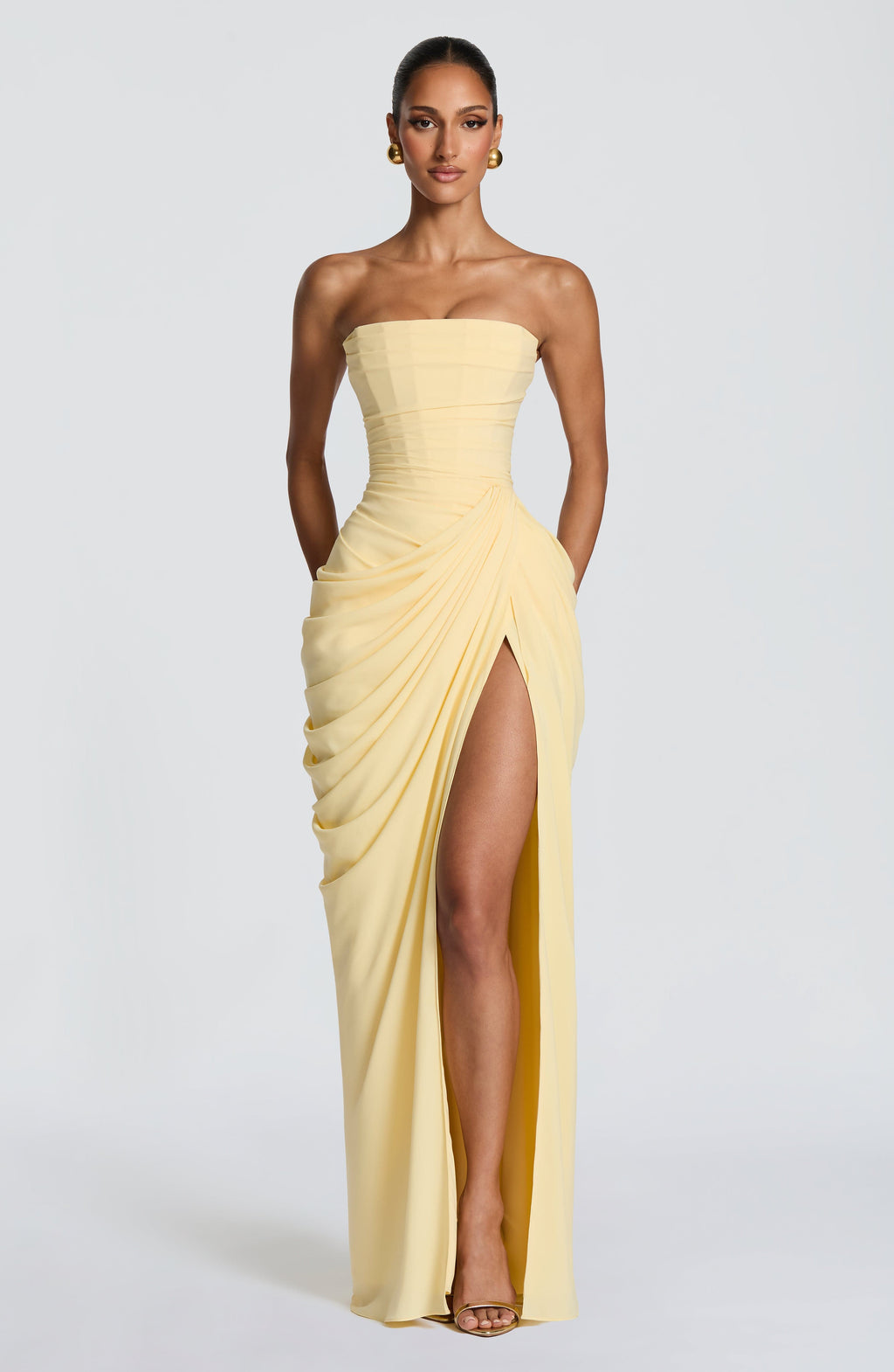 Womens Strapless Corset Maxi Evening Dress Split