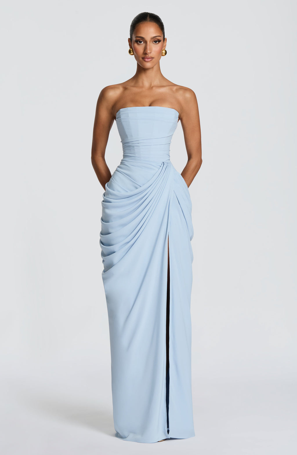 Womens Strapless Corset Maxi Evening Dress Split