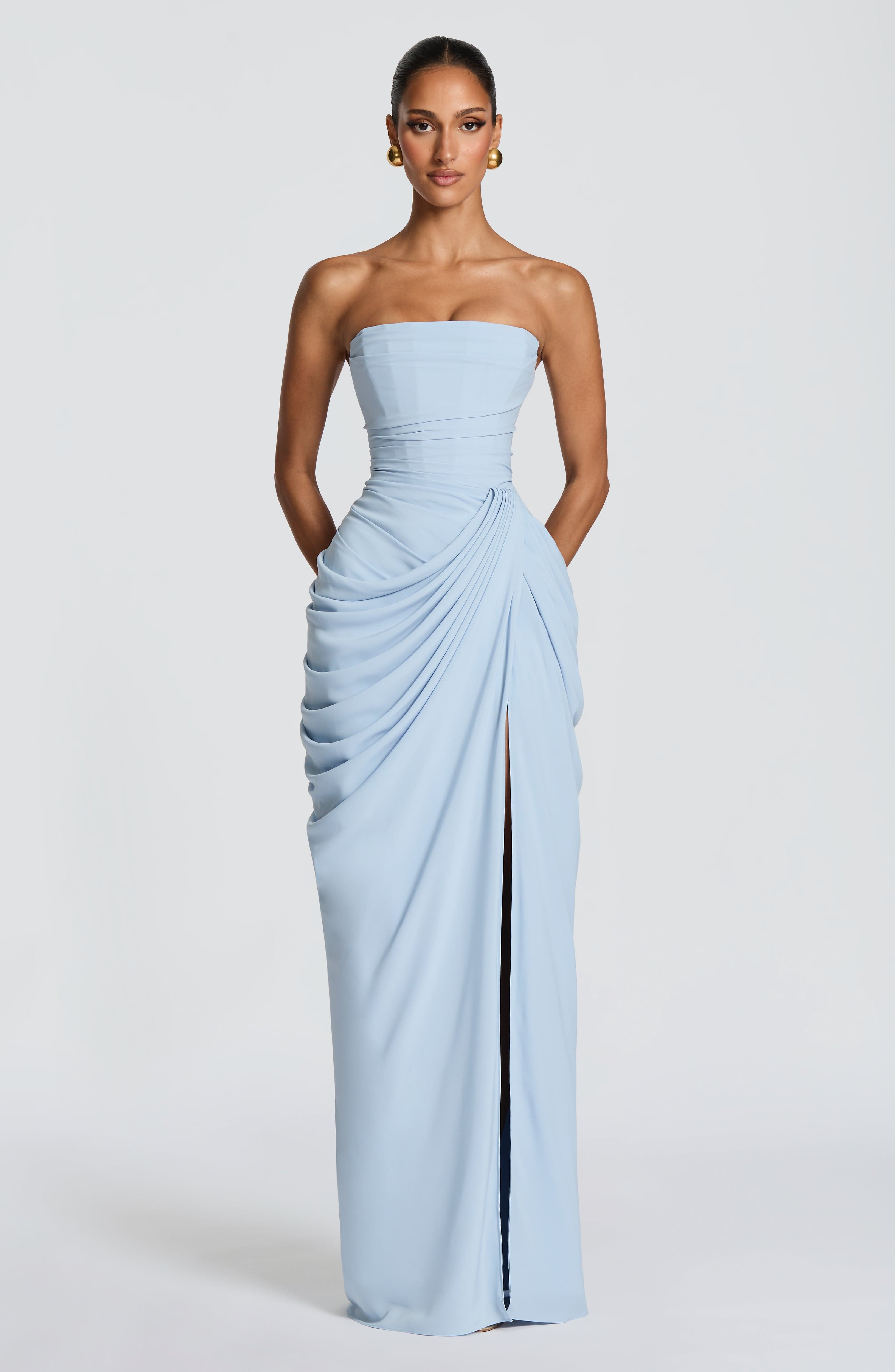 Womens Strapless Corset Maxi Evening Dress Split