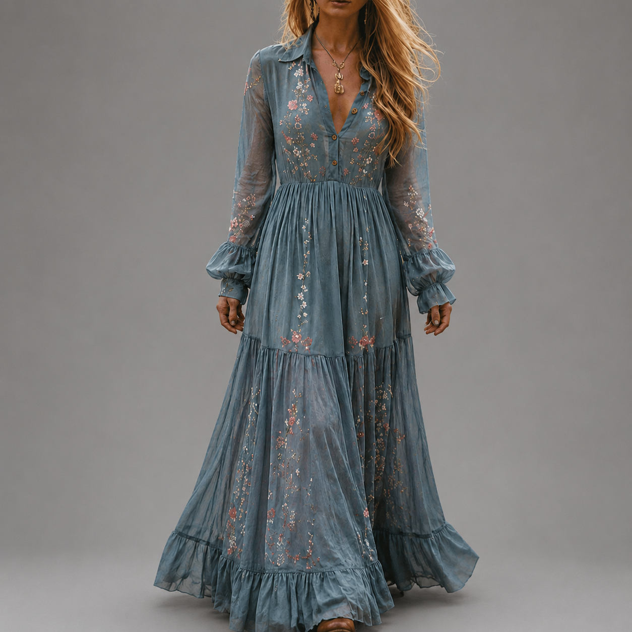 Womens Boho Maxi Dress Floral Print Long Sleeve V Neck