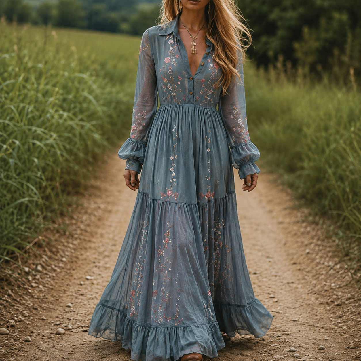 Womens Boho Maxi Dress Floral Print Long Sleeve V Neck