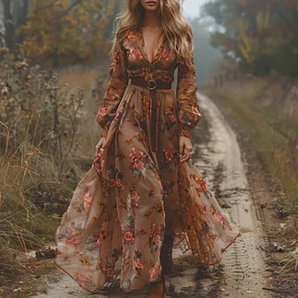 Womens Boho Maxi Dress Floral Print Long Sleeve V Neck