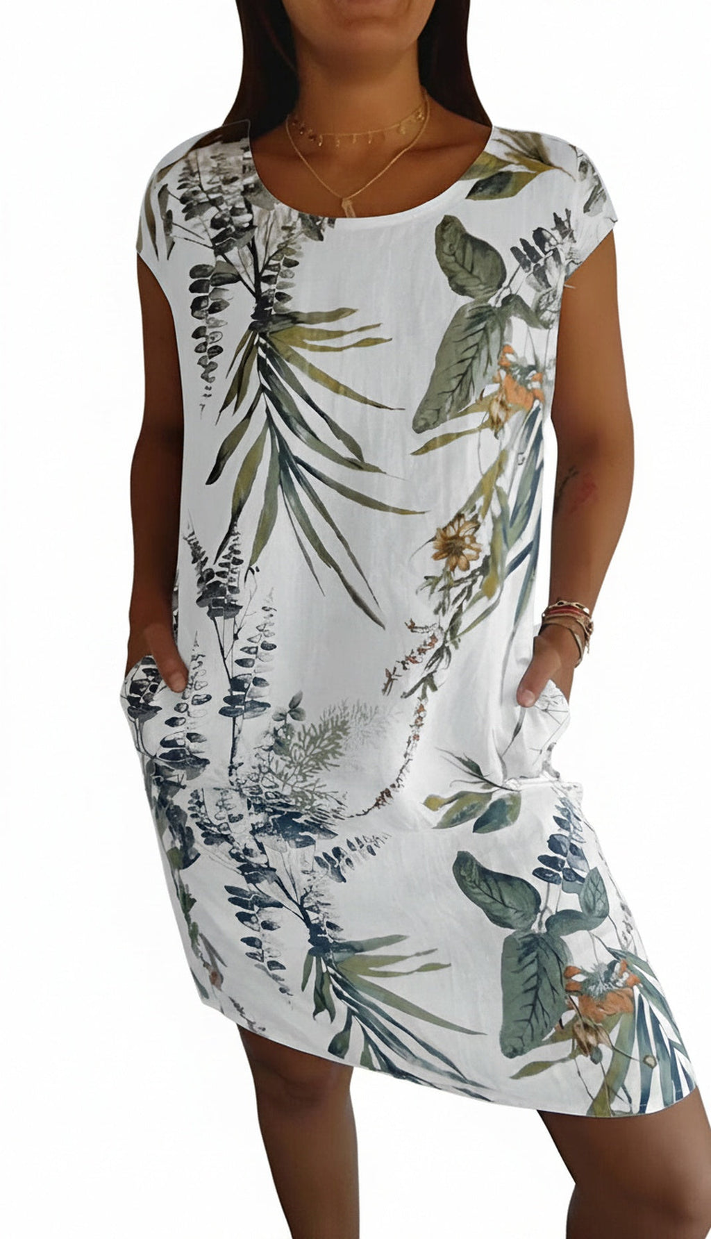 Womens Sleeveless Dress Round Neck Tropical Print Pockets
