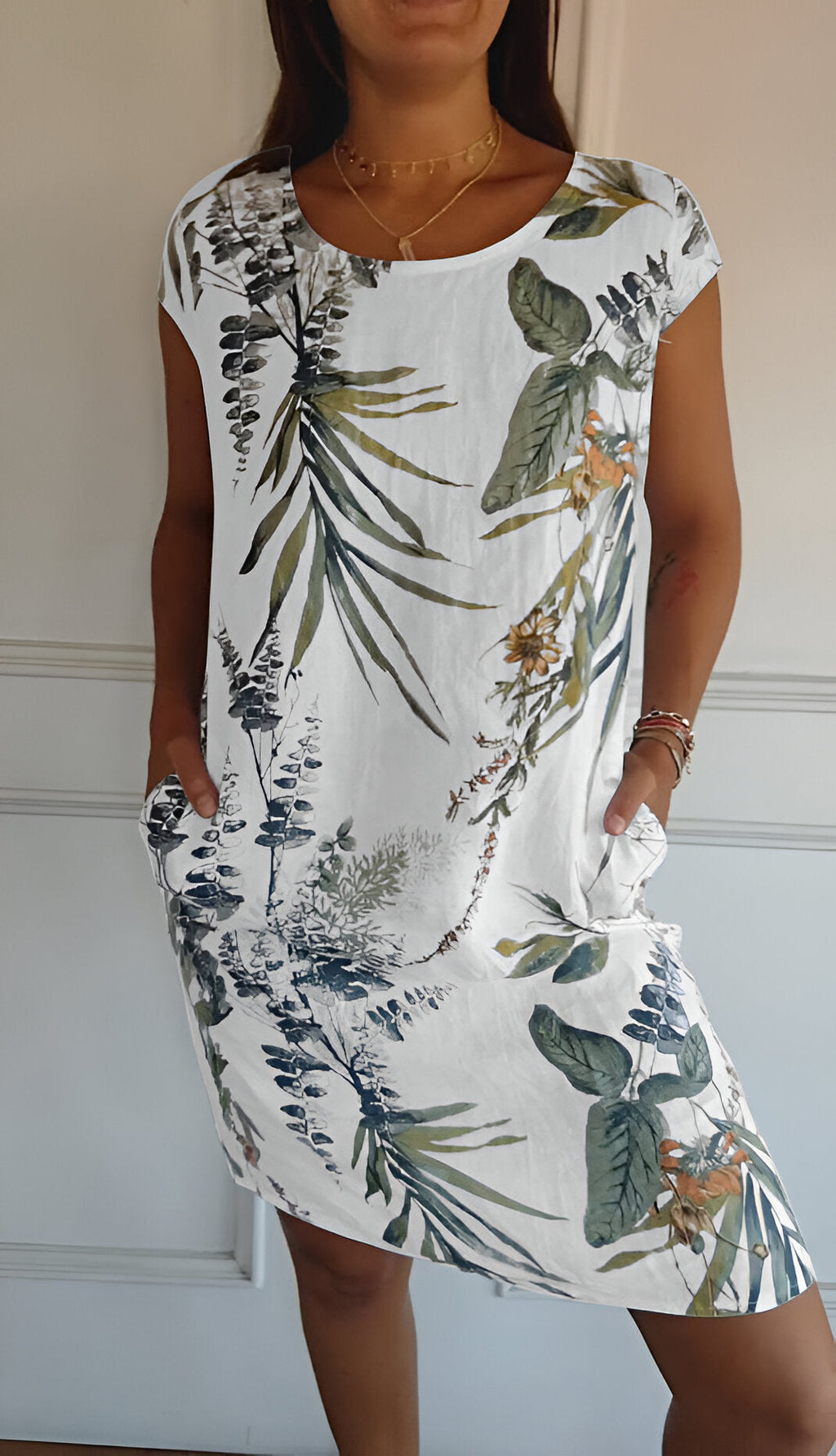 Womens Sleeveless Dress Round Neck Tropical Print Pockets