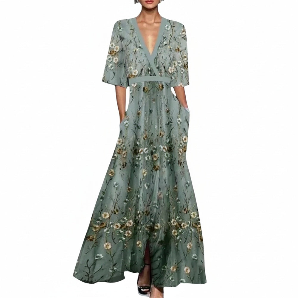 Womens Maxi Dress Floral Print V Neck A Line