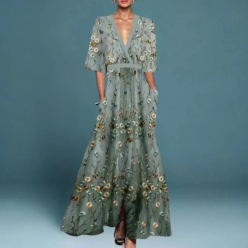 Womens Maxi Dress Floral Print V Neck A Line
