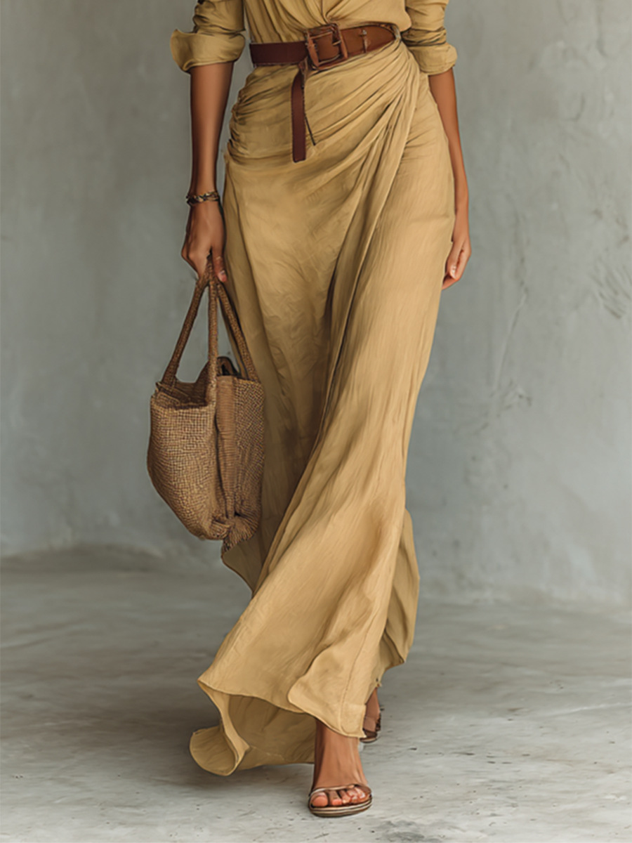 Womens Maxi Shirt Dress Long Sleeve Wrap Skirt