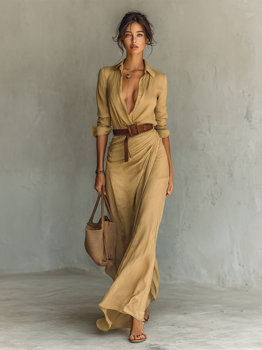 Womens Maxi Shirt Dress Long Sleeve Wrap Skirt
