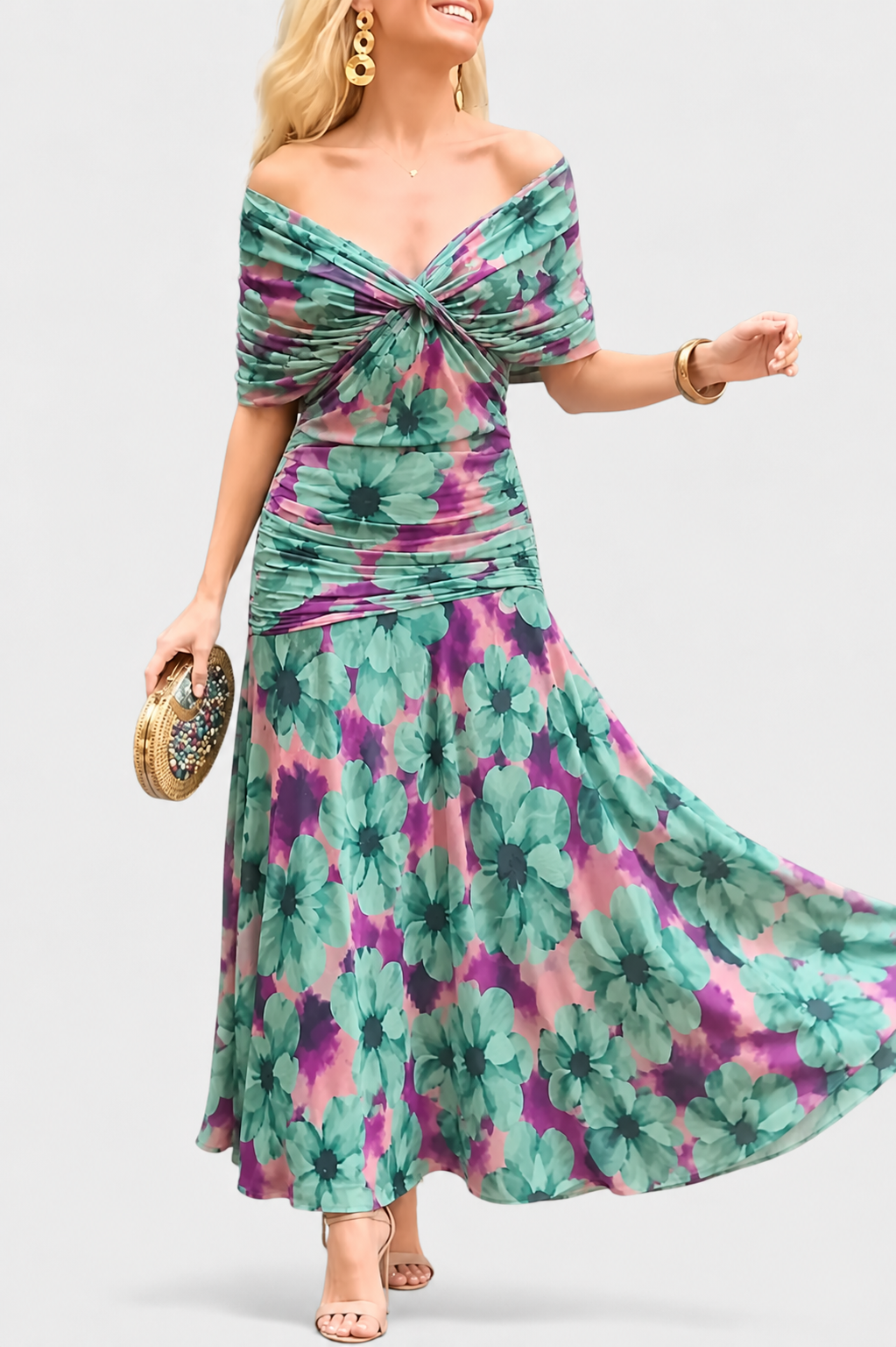 Womens Off Shoulder Maxi Dress V Neck Pleated Waist