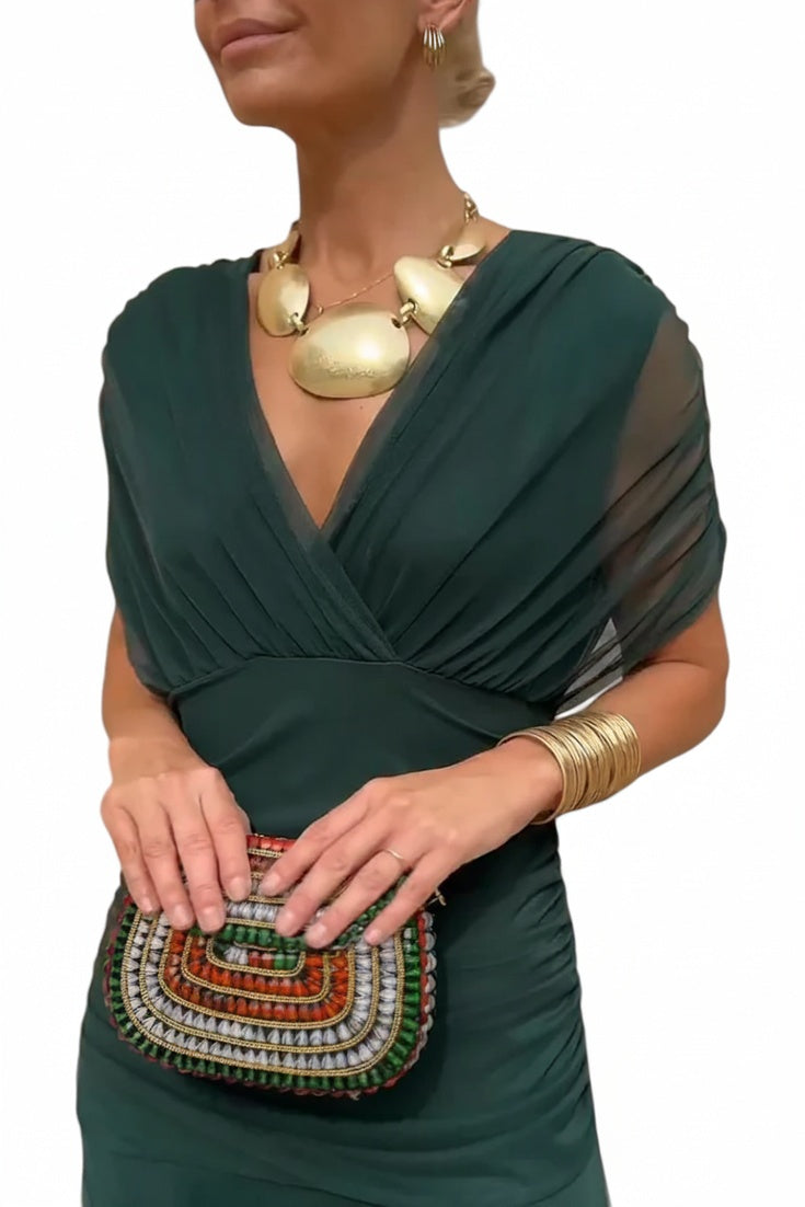 Womens Off Shoulder Maxi Dress V Neck Pleated Waist