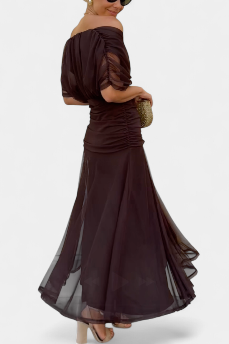 Womens Off Shoulder Maxi Dress V Neck Pleated Waist