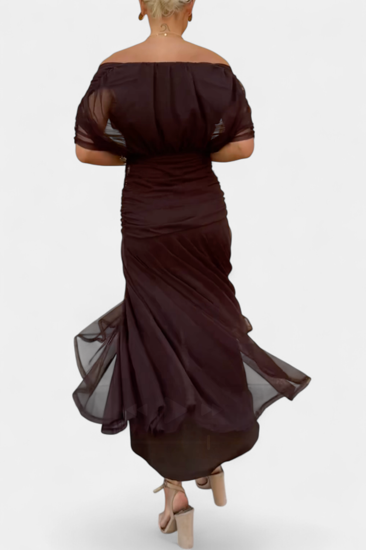 Womens Off Shoulder Maxi Dress V Neck Pleated Waist