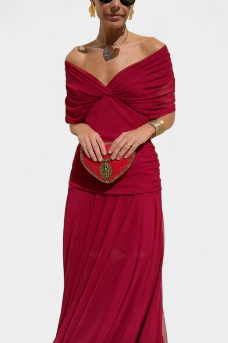 Womens Off Shoulder Maxi Dress V Neck Pleated Waist