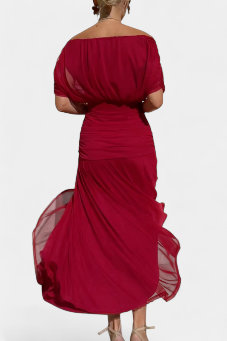 Womens Off Shoulder Maxi Dress V Neck Pleated Waist