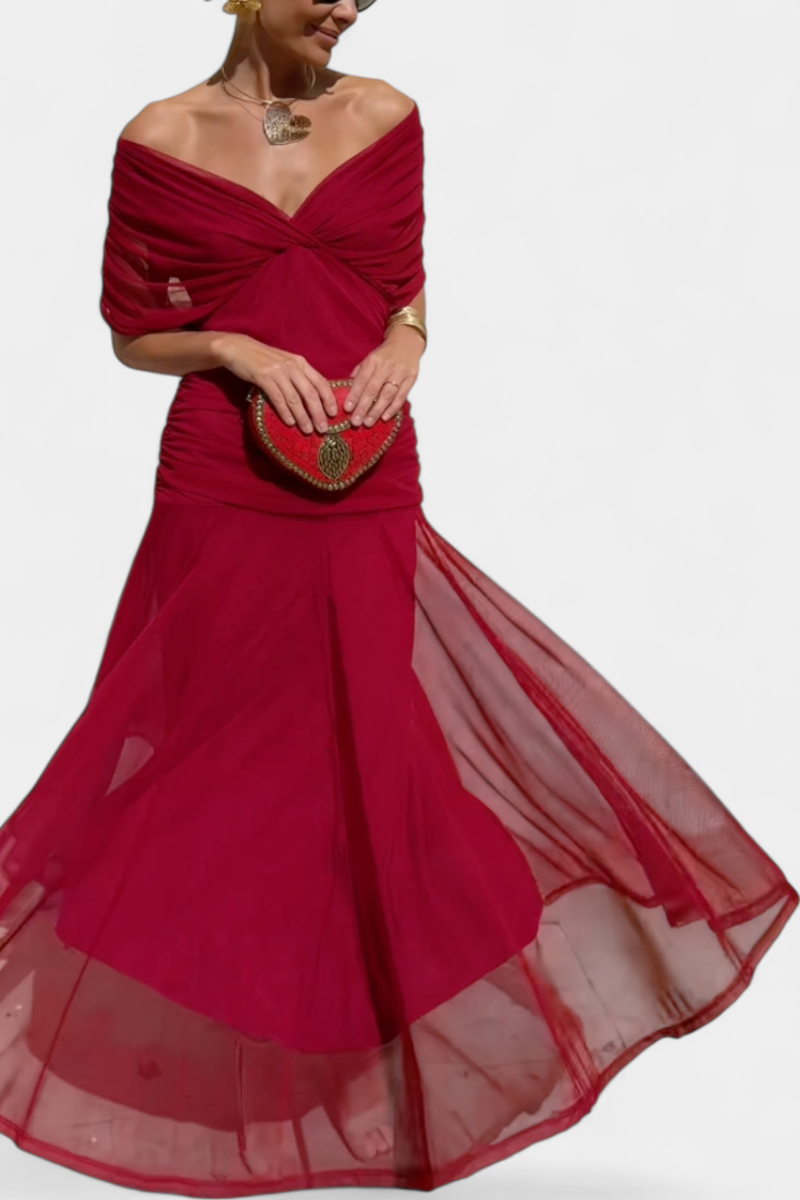Womens Off Shoulder Maxi Dress V Neck Pleated Waist