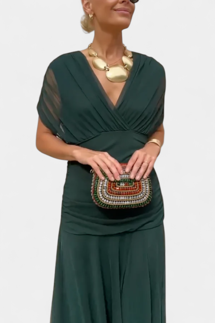 Womens Off Shoulder Maxi Dress V Neck Pleated Waist