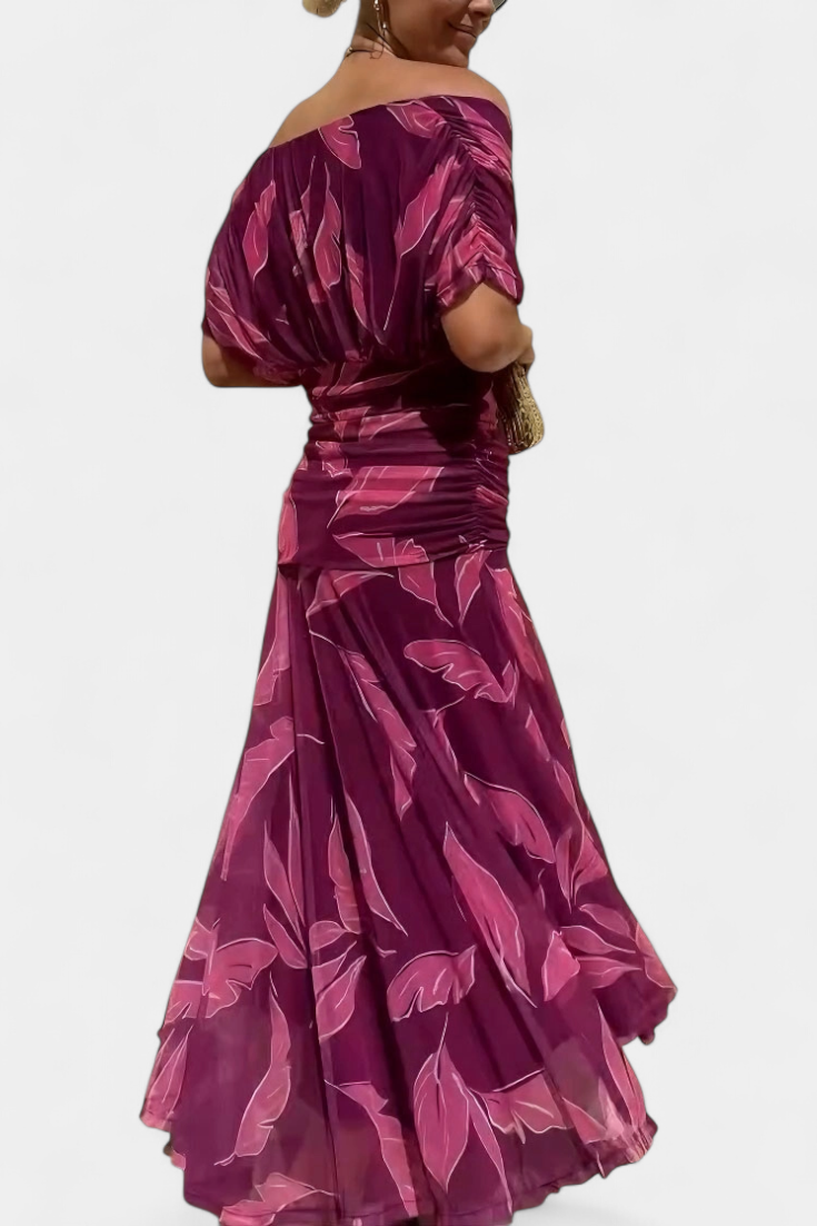 Womens Off Shoulder Maxi Dress V Neck Pleated Waist