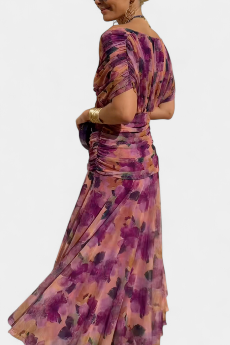 Womens Off Shoulder Maxi Dress V Neck Pleated Waist