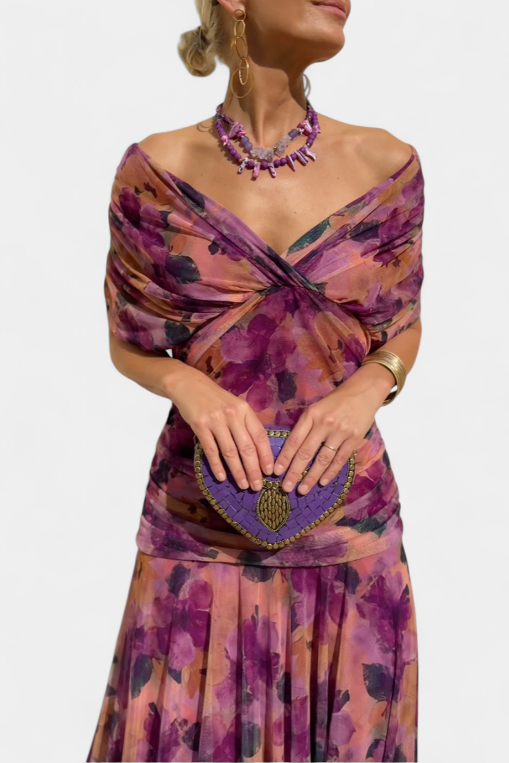 Womens Off Shoulder Maxi Dress V Neck Pleated Waist