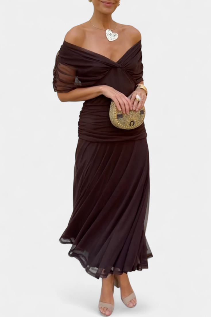 Womens Off Shoulder Maxi Dress V Neck Pleated Waist
