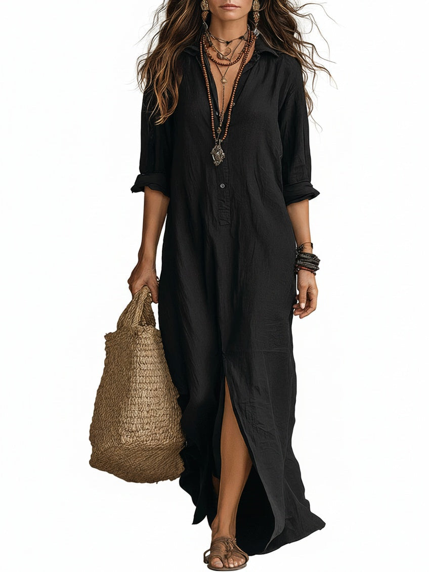 Womens Maxi Shirt Dress Button Long Sleeve Side Split