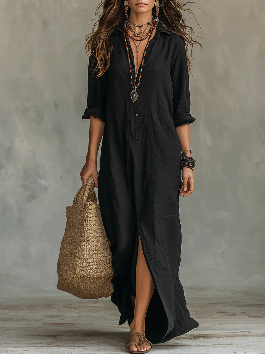 Womens Maxi Shirt Dress Button Long Sleeve Side Split