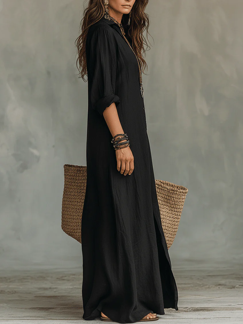 Womens Maxi Shirt Dress Button Long Sleeve Side Split