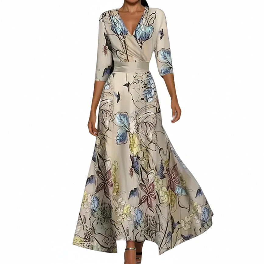 Womens Maxi Wrap Dress V Neck Floral Three Quarter Sleeve