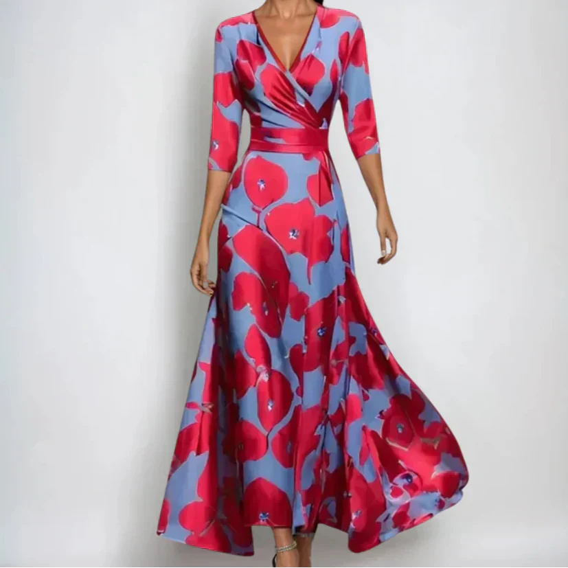 Womens Maxi Wrap Dress V Neck Floral Three Quarter Sleeve