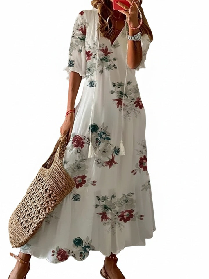 Womens Maxi Dress V Neck Floral Print Short Sleeve