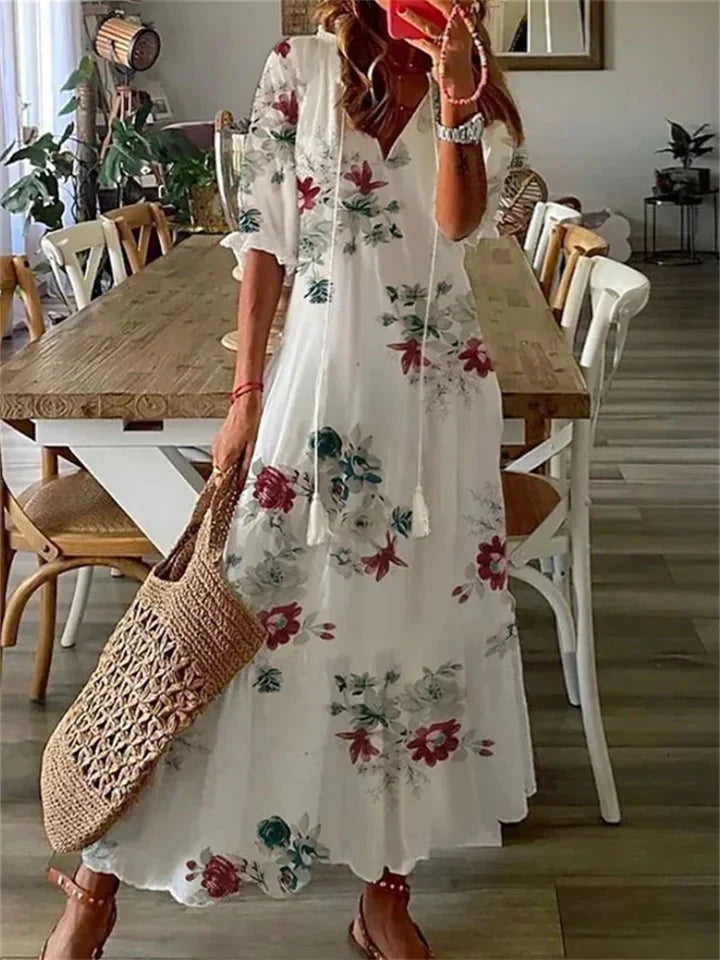 Womens Maxi Dress V Neck Floral Print Short Sleeve