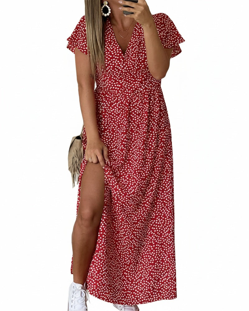 Womens Maxi Dress V Neck Floral Ruffle Sleeve Side Split
