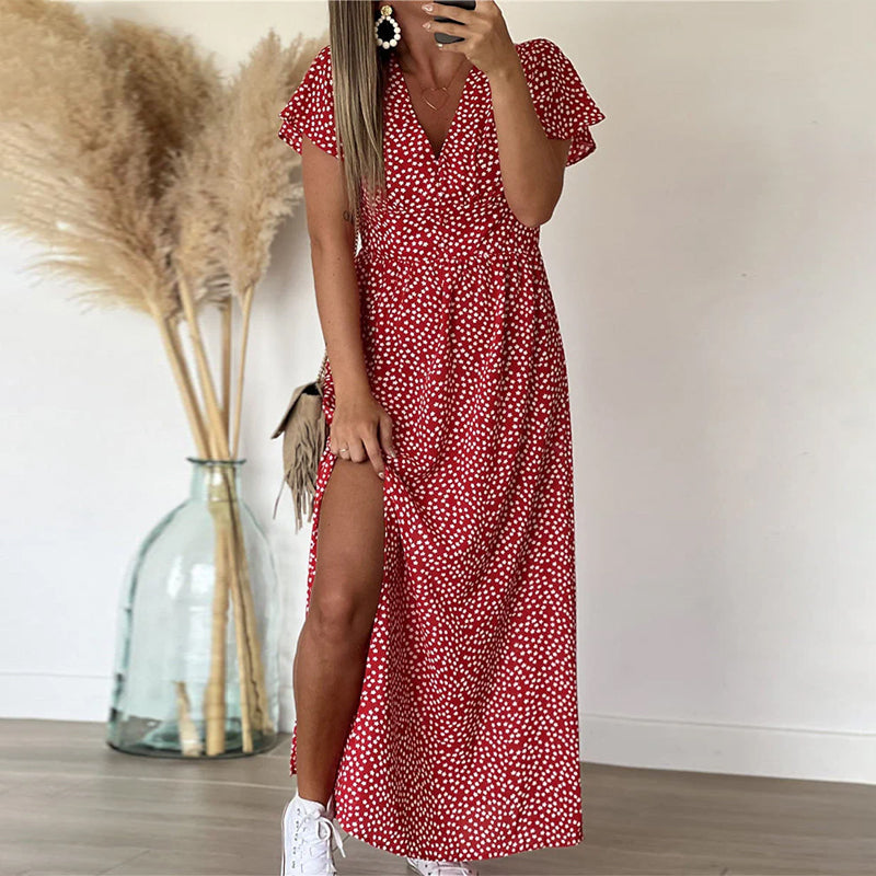 Womens Maxi Dress V Neck Floral Ruffle Sleeve Side Split