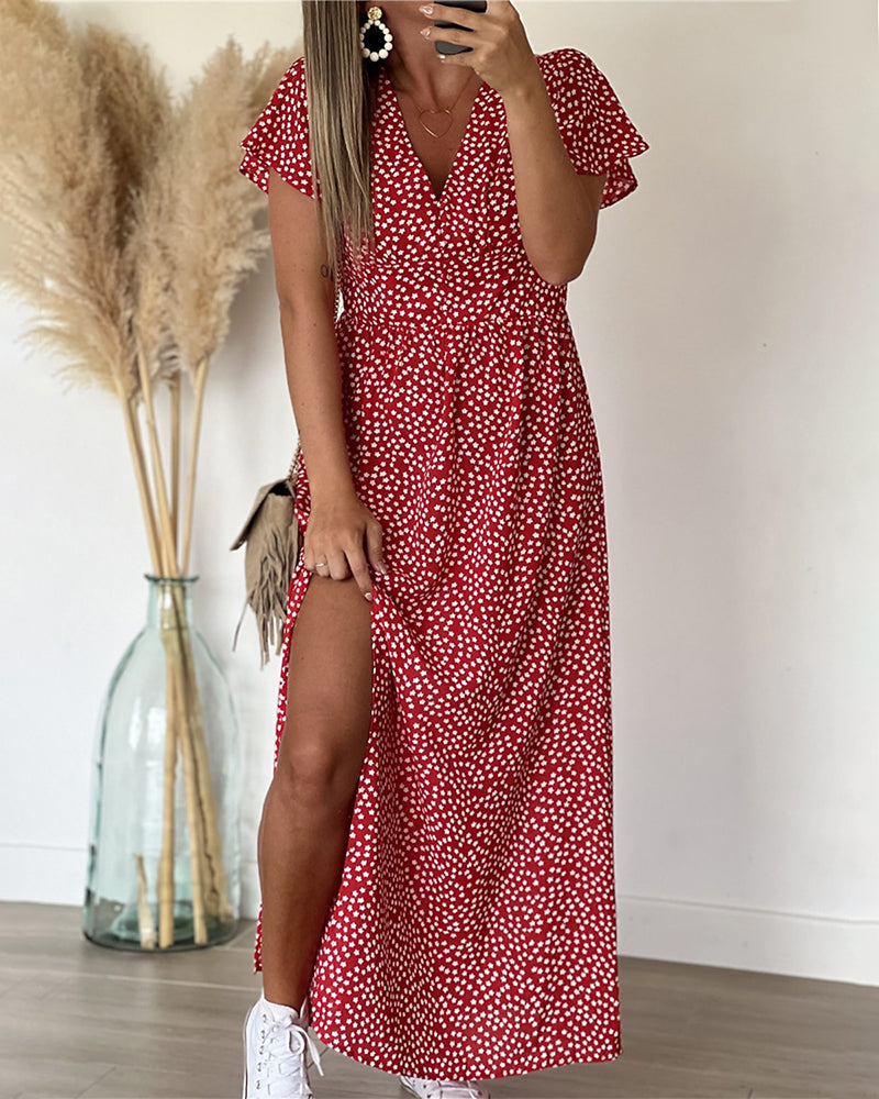 Womens Maxi Dress V Neck Floral Ruffle Sleeve Side Split
